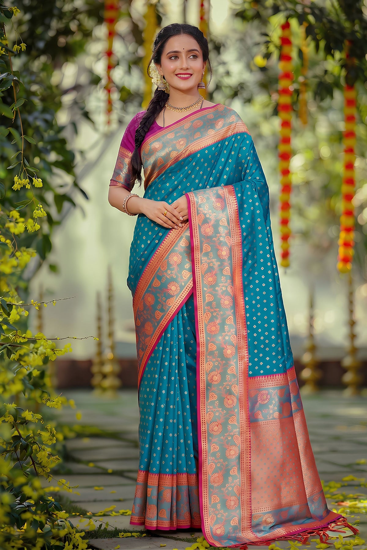 Royal Teal Blue Silk Jacquard Work Saree for Women