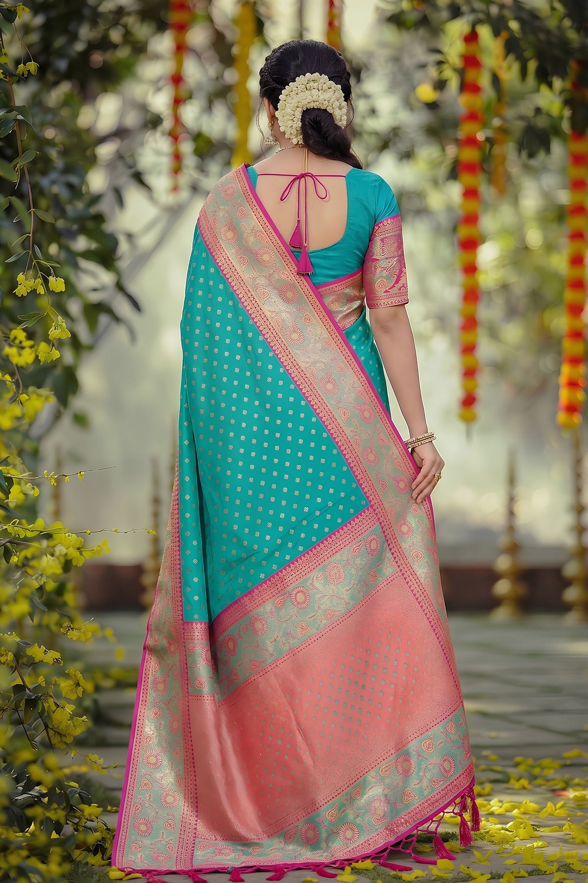 Wonderful Turquoise Blue Silk Jacquard Work Saree for Women