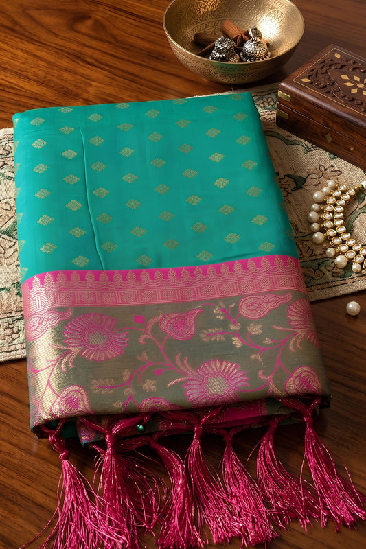 Wonderful Turquoise Blue Silk Jacquard Work Saree for Women