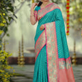 Wonderful Turquoise Blue Silk Jacquard Work Saree for Women