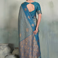 Wonderful Blue Silk Jacquard Zari Woven Saree for Women