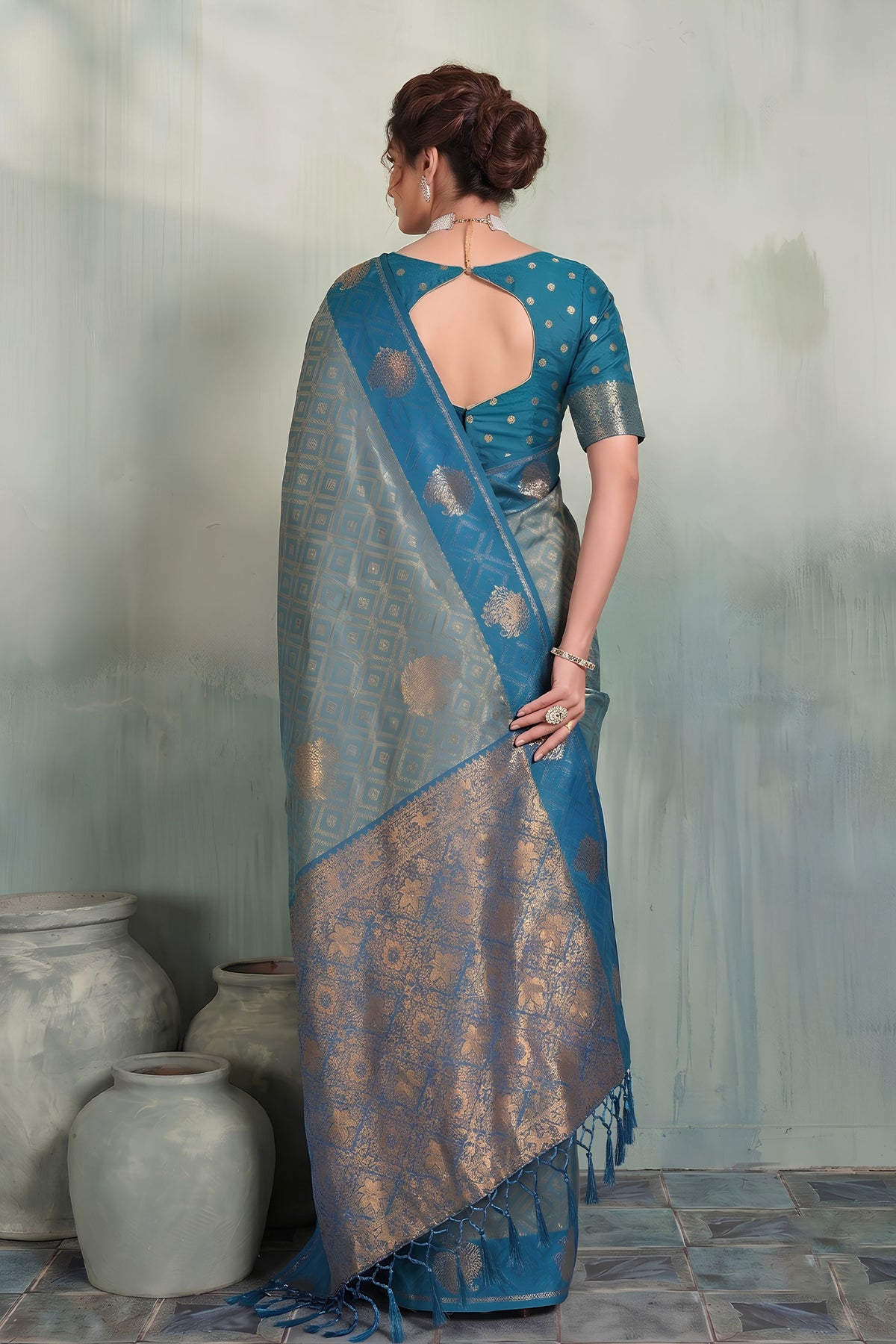 Wonderful Blue Silk Jacquard Zari Woven Saree for Women