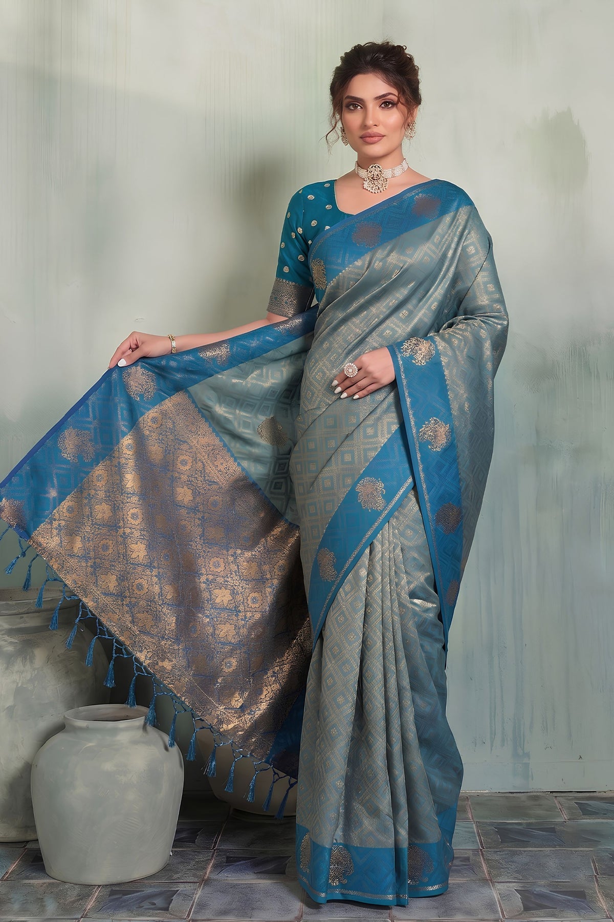 Wonderful Blue Silk Jacquard Zari Woven Saree for Women