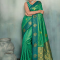 Graceful Emerald Green Silk Jacquard Zari Woven Saree for Women
