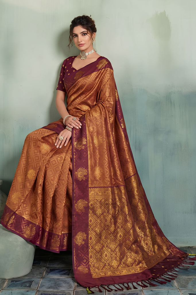 Premium Brown Silk Jacquard Zari Woven Saree for Women