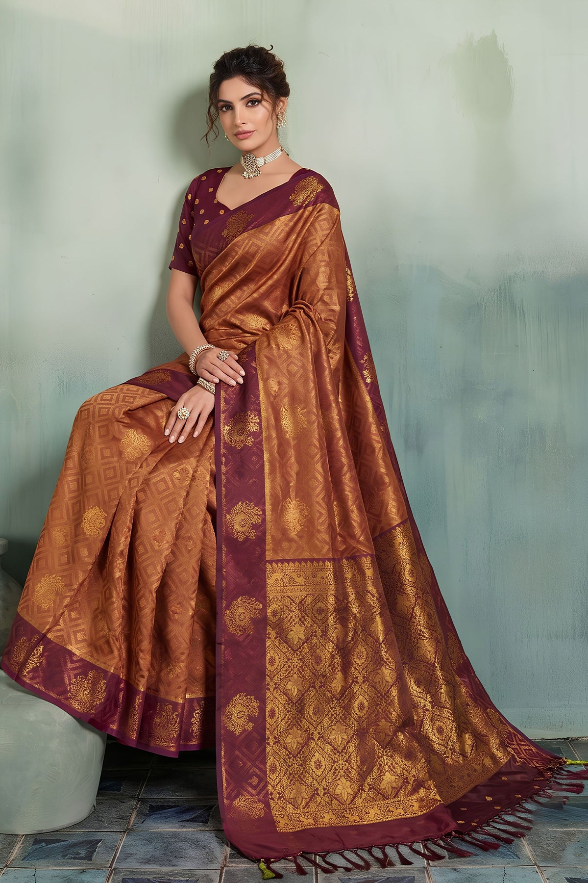 Premium Brown Silk Jacquard Zari Woven Saree for Women