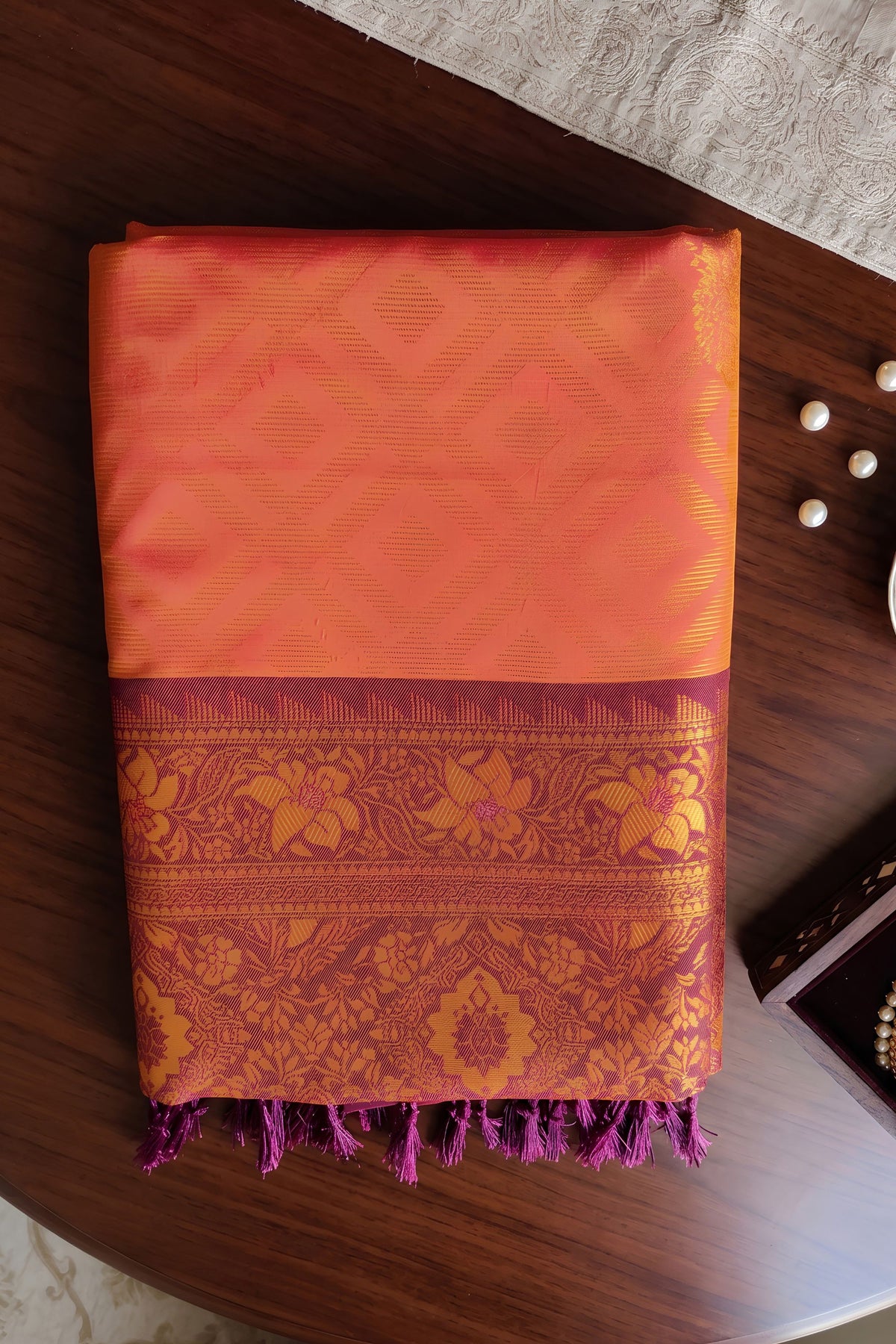 Stunning Peach Pink Silk Jacquard Zari Woven Saree for Women