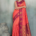Stunning Peach Pink Silk Jacquard Zari Woven Saree for Women