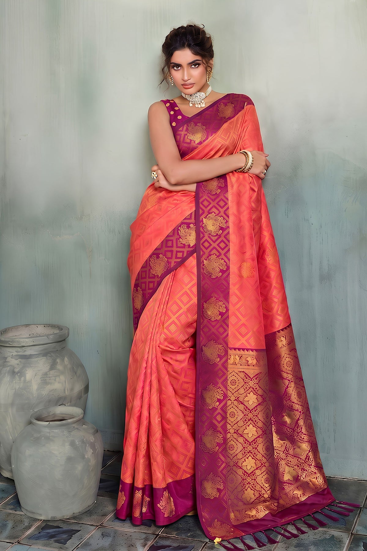 Stunning Peach Pink Silk Jacquard Zari Woven Saree for Women