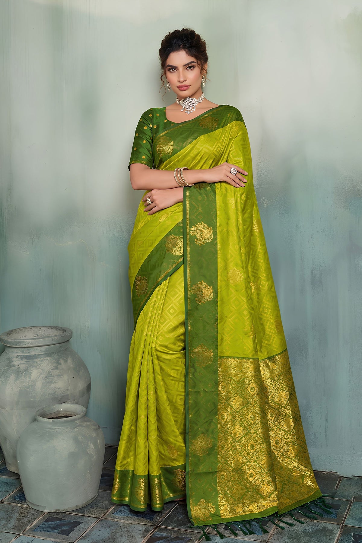 Elegant Lime Green Silk Jacquard Zari Woven Saree for Women