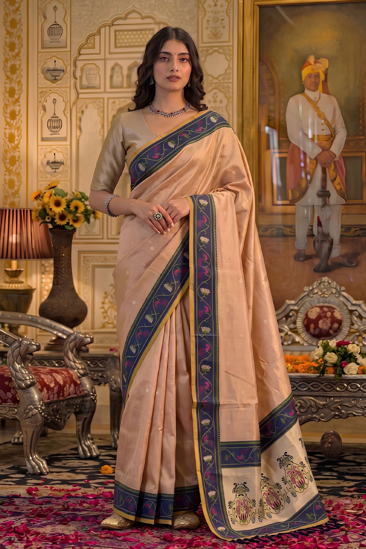 Elegant Peach Tissue Silk Weaving Work Saree for Women