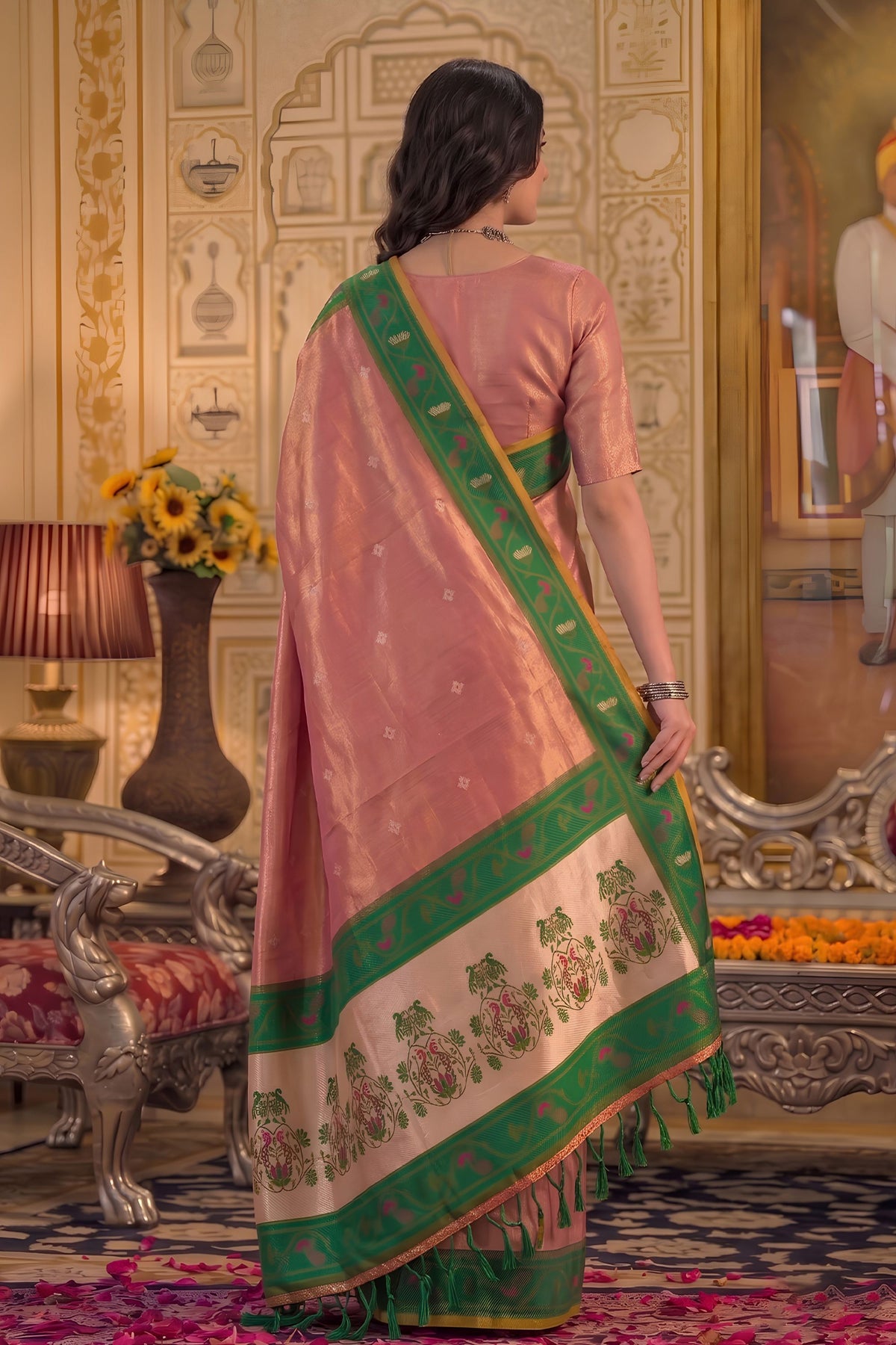 Beautiful Pink Tissue Silk Weaving Work Saree for Women