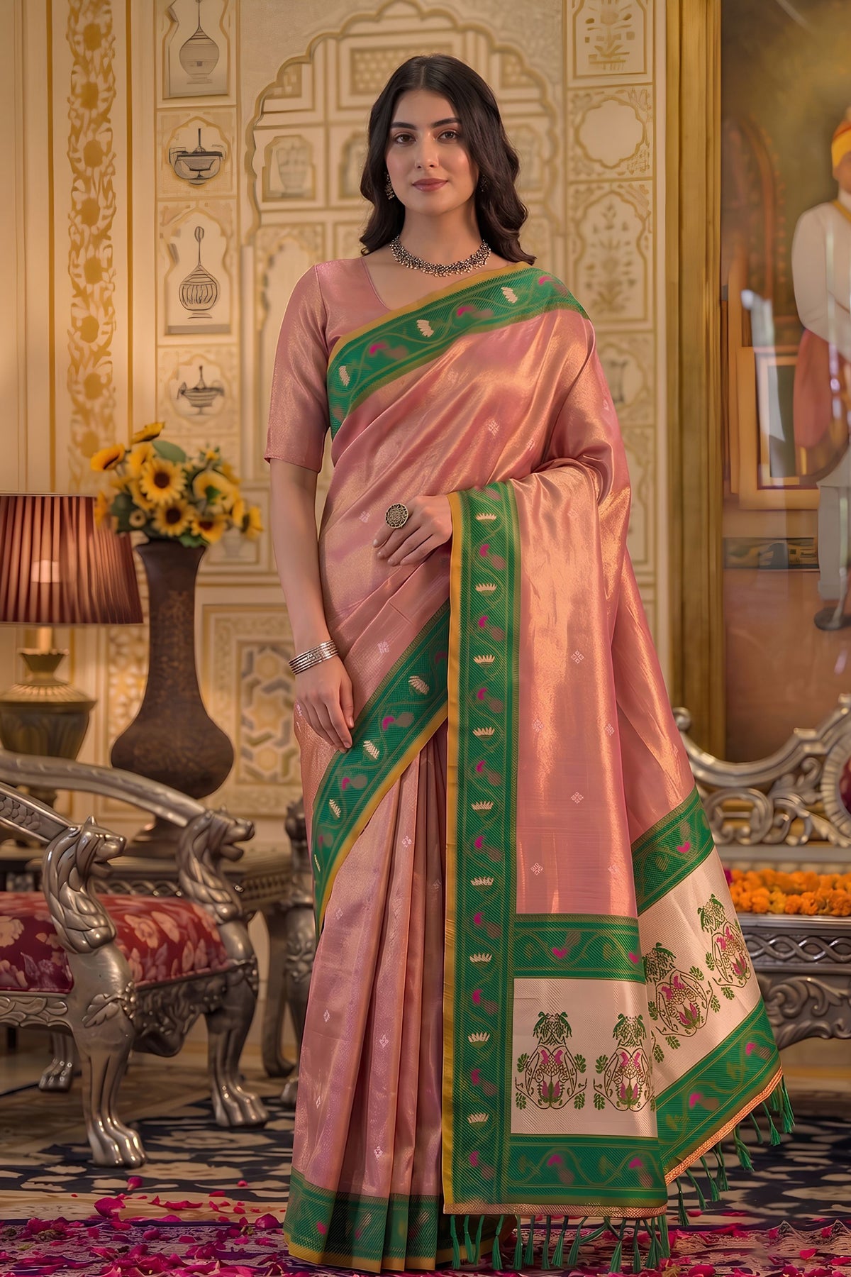 Beautiful Pink Tissue Silk Weaving Work Saree for Women