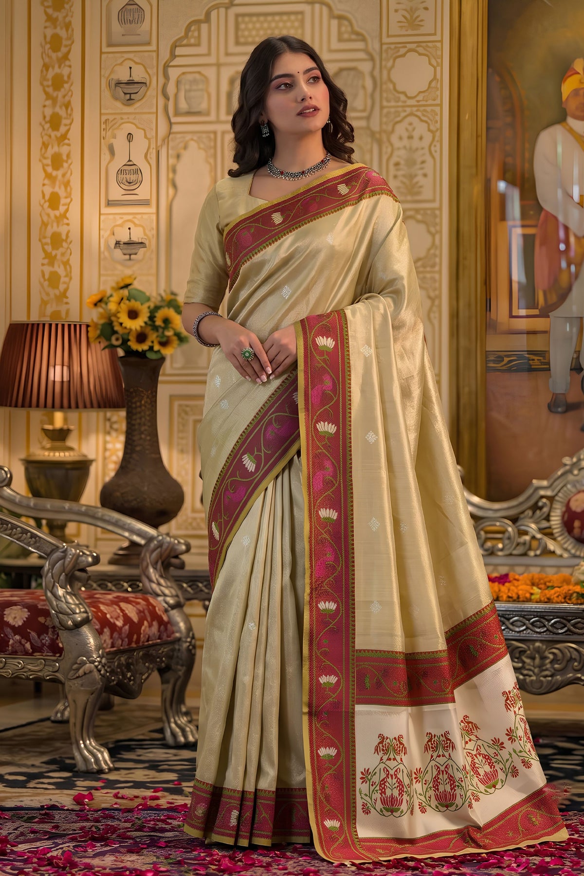 Stylish Cream Tissue Silk Weaving Work Saree for Women