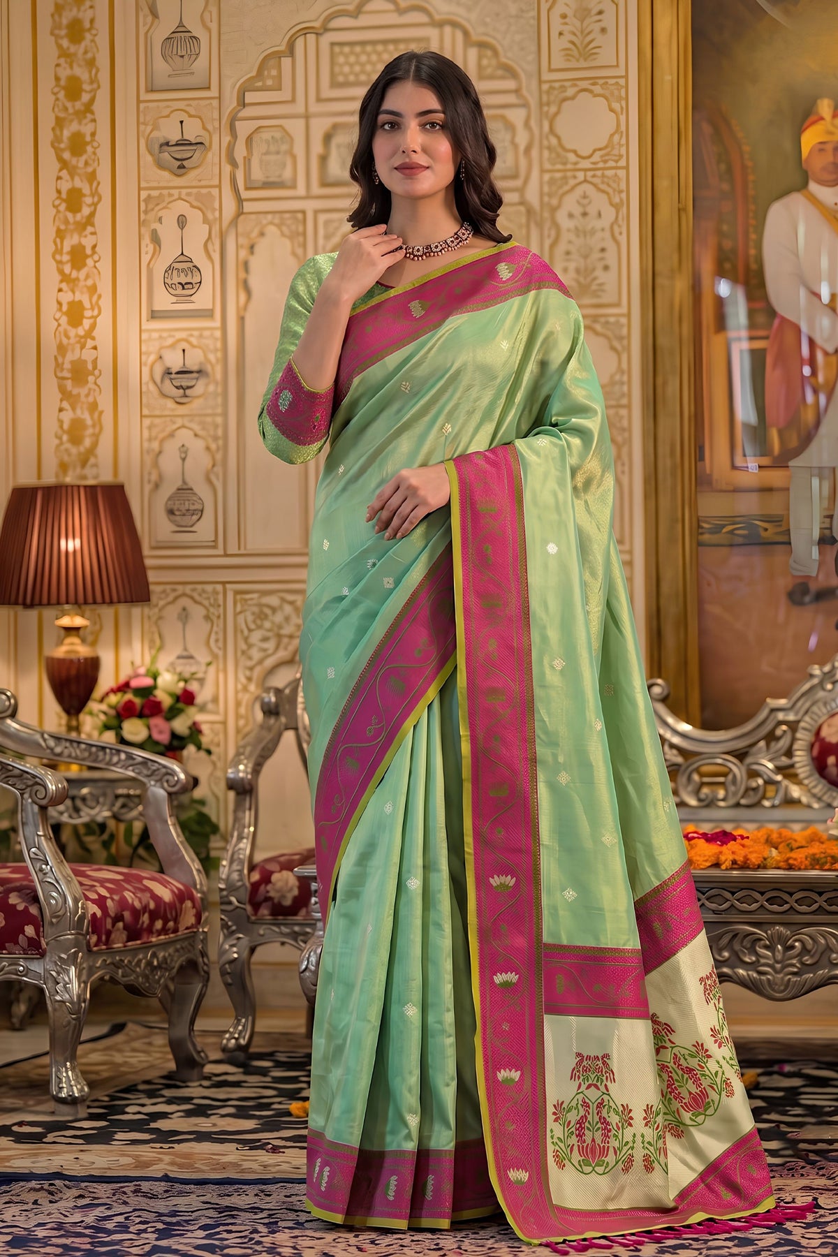 Grateful Mint Green Tissue Silk Weaving Work Saree for Women