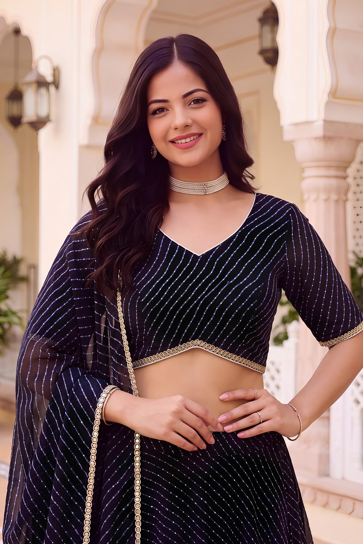 Elegant Black Georgette Leheriya Print Designer Lehenga Choli with Dupatta for Women