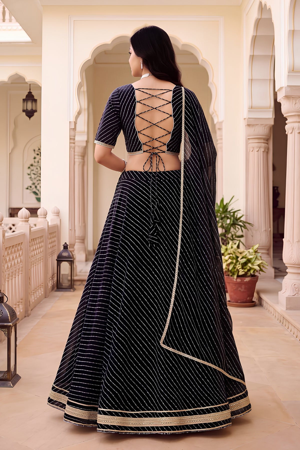 Elegant Black Georgette Leheriya Print Designer Lehenga Choli with Dupatta for Women