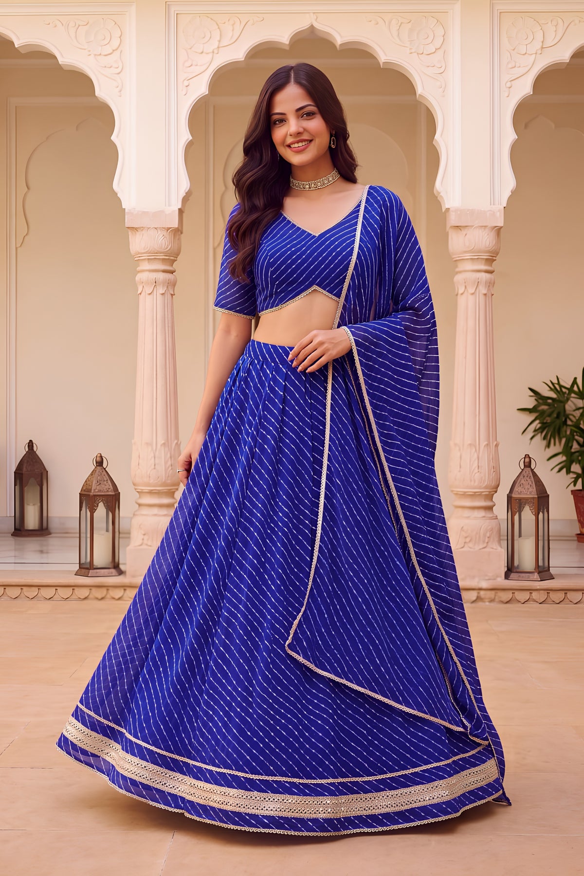 Stunning Royal Blue Georgette Leheriya Print Designer Lehenga Choli with Dupatta for Women