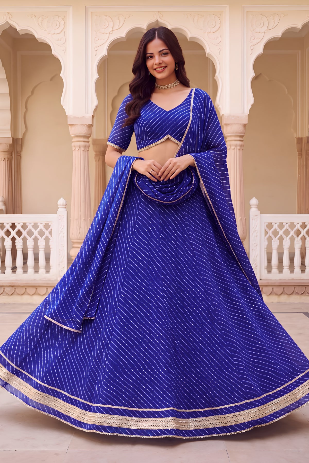 Stunning Royal Blue Georgette Leheriya Print Designer Lehenga Choli with Dupatta for Women
