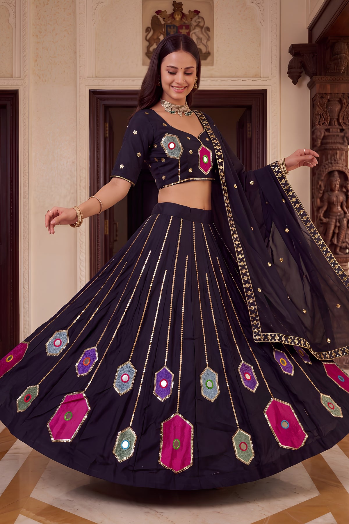 Stylish Black Rayon Mirror Work Designer Lehenga Choli with Dupatta for Women