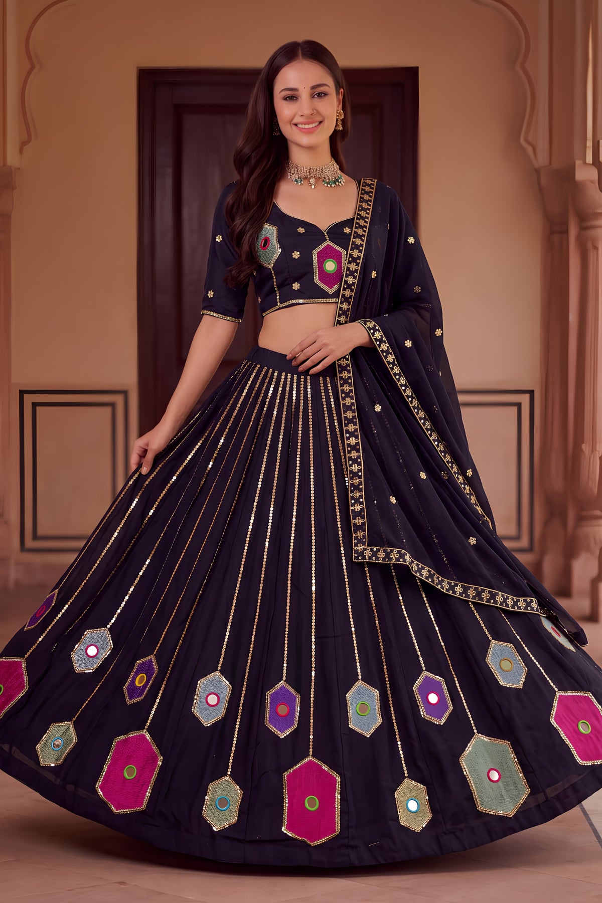 Stylish Black Rayon Mirror Work Designer Lehenga Choli with Dupatta for Women
