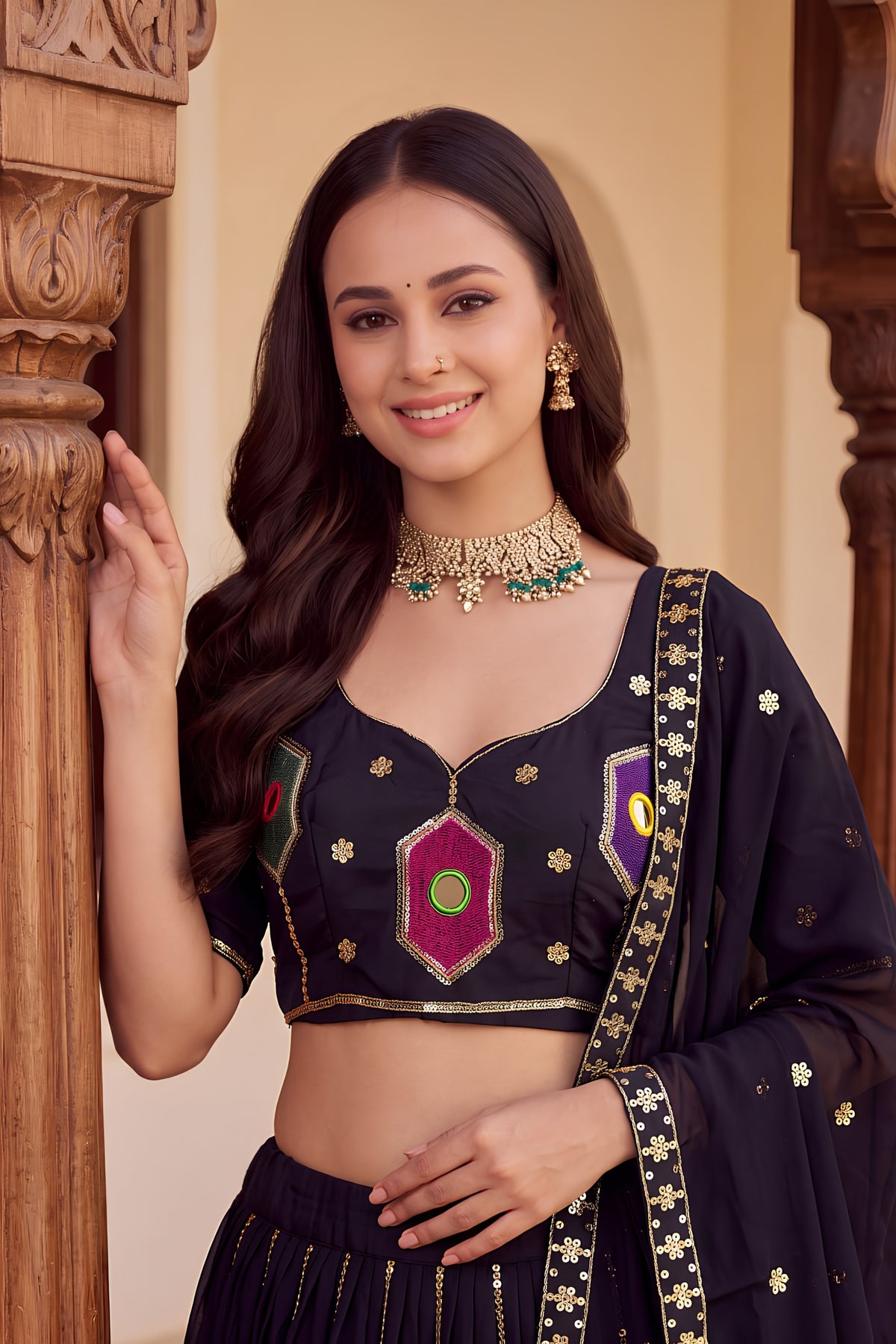 Stylish Black Rayon Mirror Work Designer Lehenga Choli with Dupatta for Women