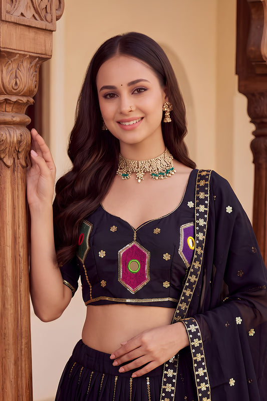 Stylish Black Rayon Mirror Work Designer Lehenga Choli with Dupatta for Women