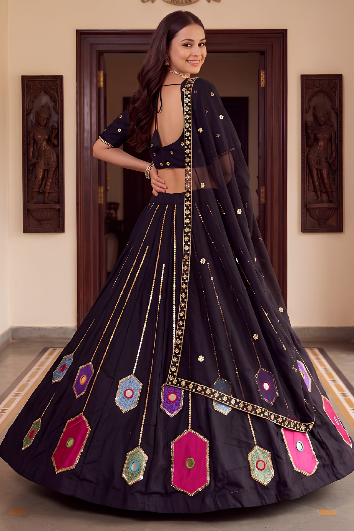 Stylish Black Rayon Mirror Work Designer Lehenga Choli with Dupatta for Women