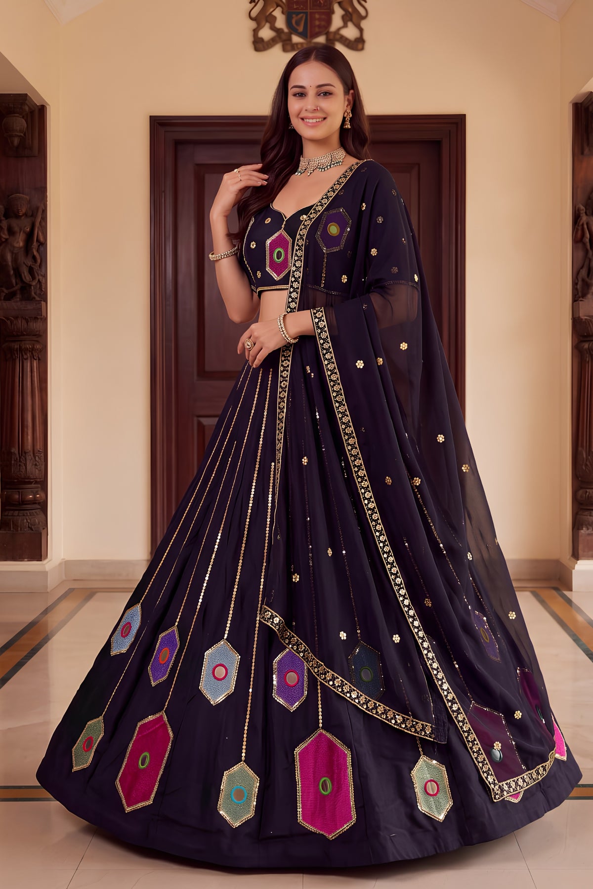 Stylish Black Rayon Mirror Work Designer Lehenga Choli with Dupatta for Women