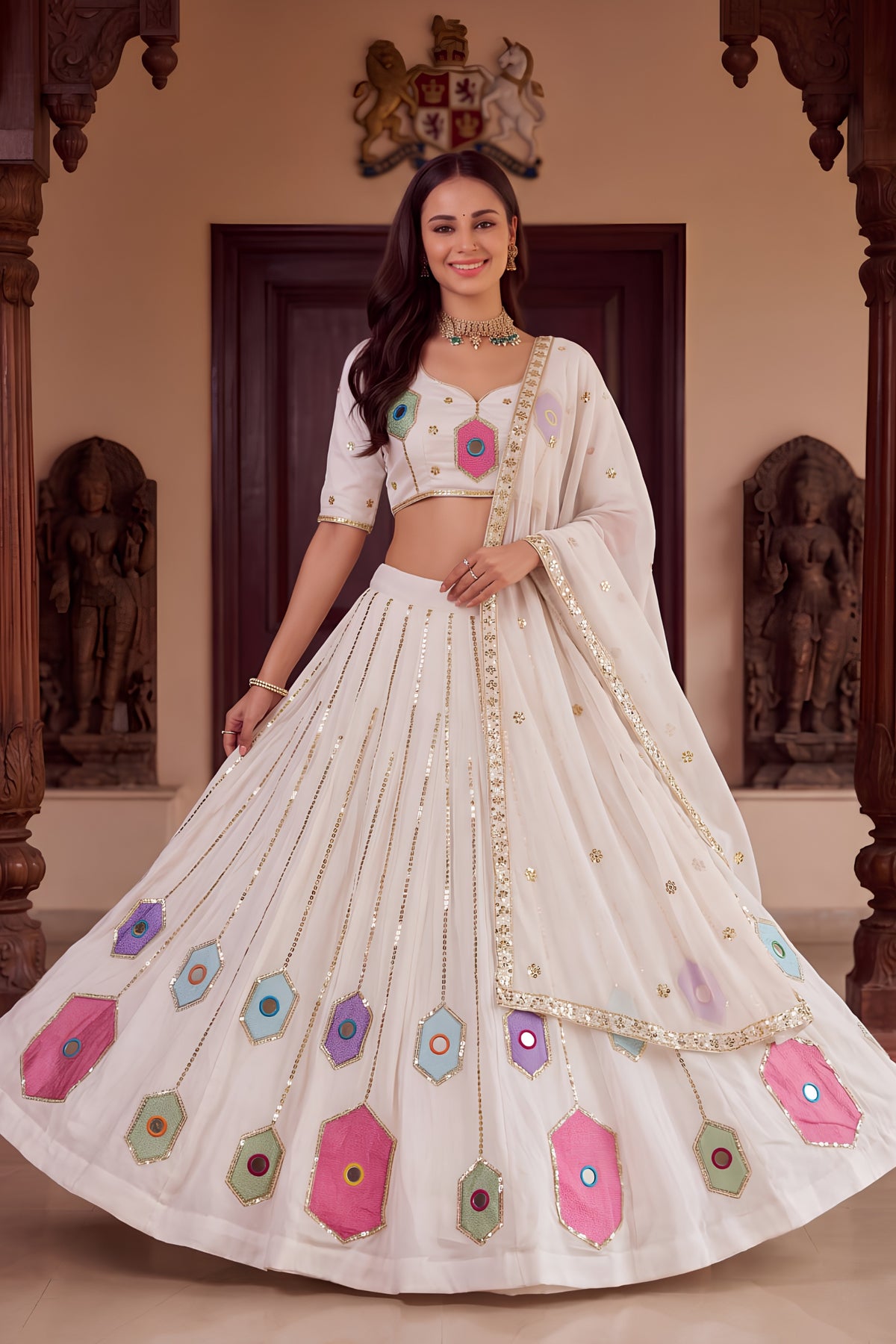 Charming White Rayon Mirror Work Designer Lehenga Choli with Dupatta for Women