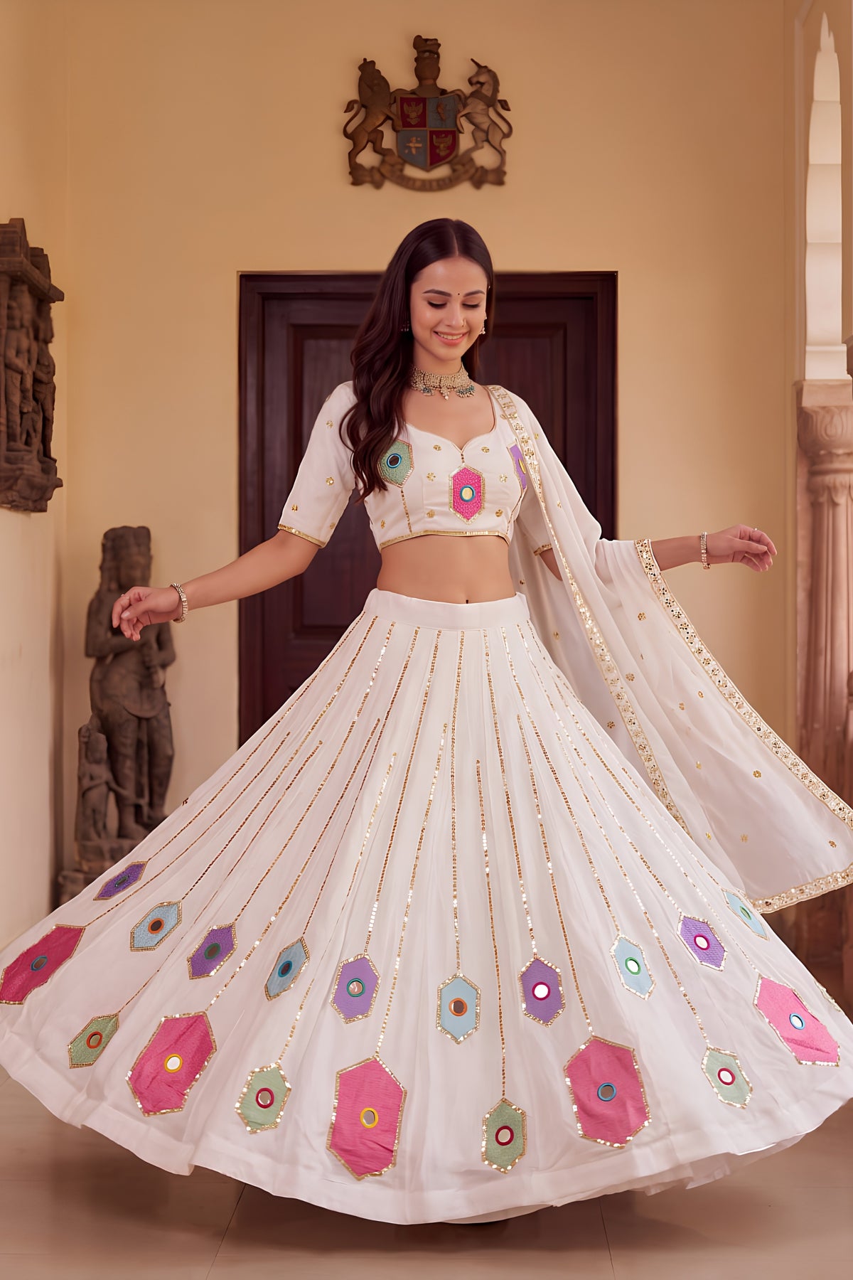 Charming White Rayon Mirror Work Designer Lehenga Choli with Dupatta for Women