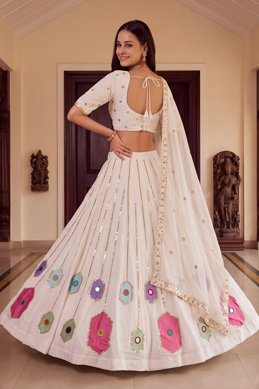 Charming White Rayon Mirror Work Designer Lehenga Choli with Dupatta for Women