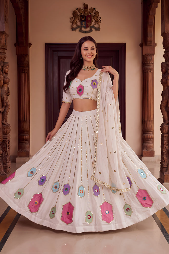 Charming White Rayon Mirror Work Designer Lehenga Choli with Dupatta for Women