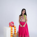 Vibrant Pink and Green Cotton Embroidered Mirror Work Lehenga Choli for Girls