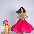 Vibrant Pink and Green Cotton Embroidered Mirror Work Lehenga Choli for Girls