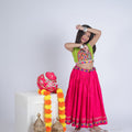 Vibrant Pink and Green Cotton Embroidered Mirror Work Lehenga Choli for Girls