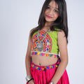 Vibrant Pink and Green Cotton Embroidered Mirror Work Lehenga Choli for Girls