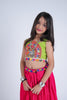 Vibrant Pink and Green Cotton Embroidered Mirror Work Lehenga Choli for Girls