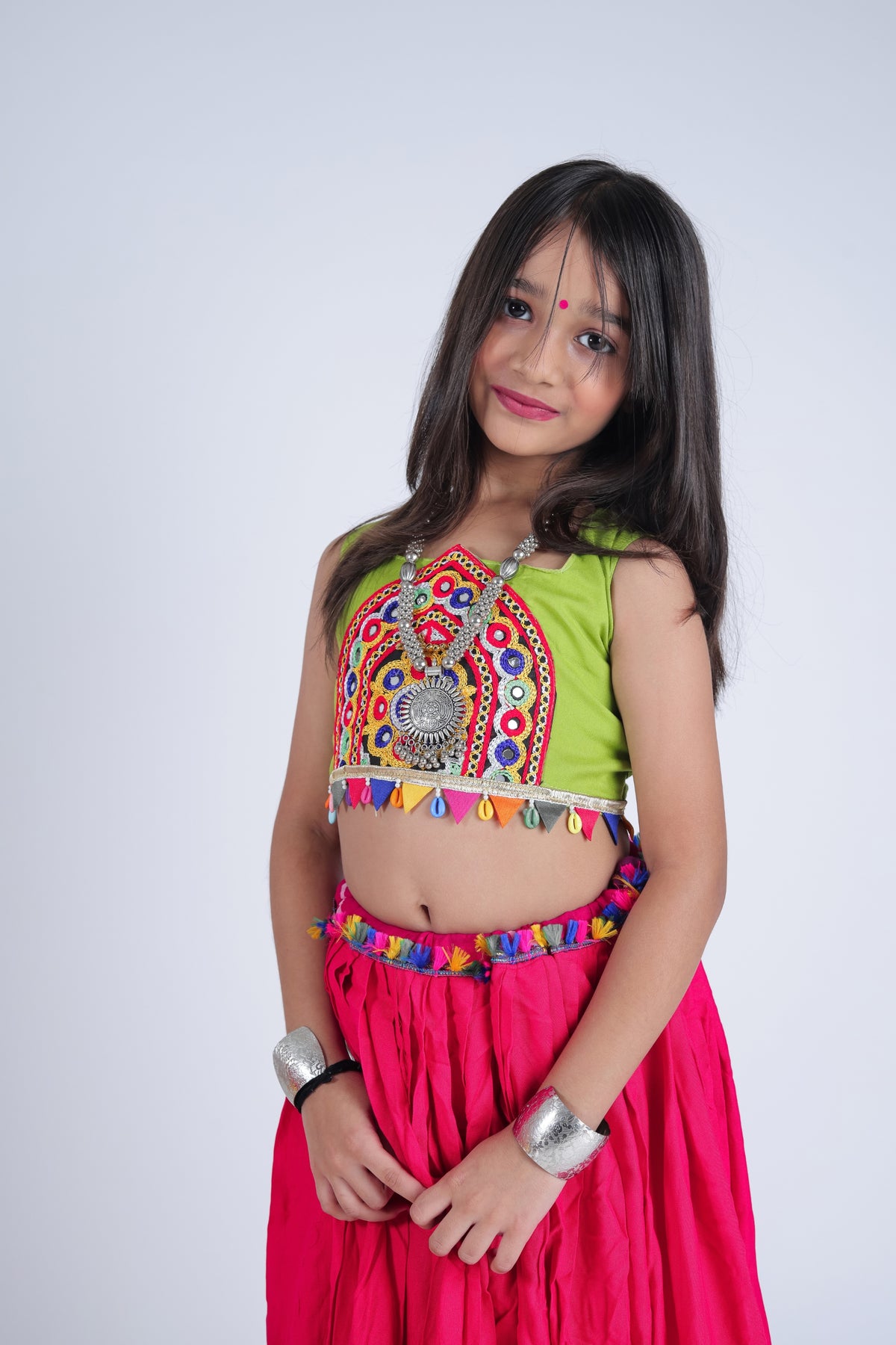 Vibrant Pink and Green Cotton Embroidered Mirror Work Lehenga Choli for Girls