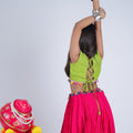 Vibrant Pink and Green Cotton Embroidered Mirror Work Lehenga Choli for Girls