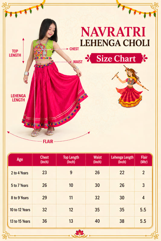 Vibrant Pink and Green Cotton Embroidered Mirror Work Lehenga Choli for Girls