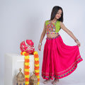 Vibrant Pink and Green Cotton Embroidered Mirror Work Lehenga Choli for Girls