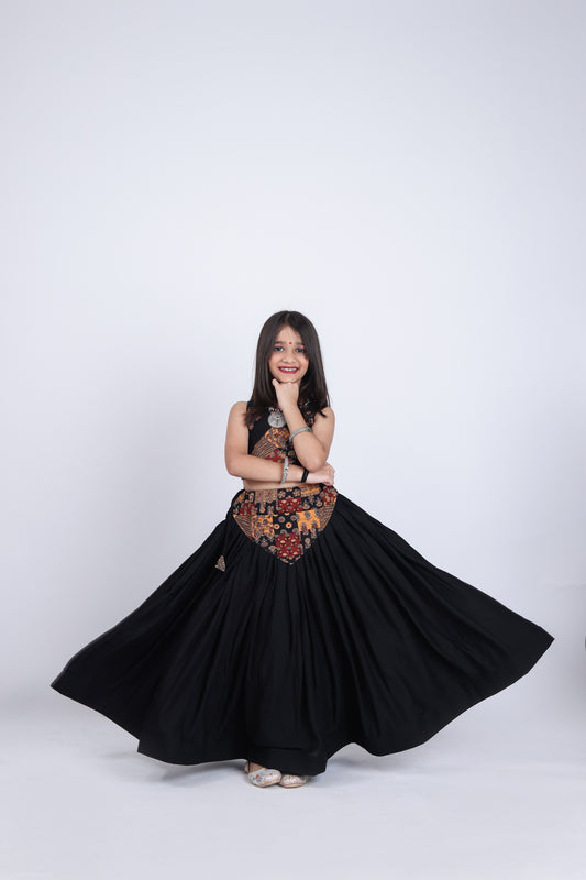 Stylish Black Multicolor Rayon Ajrakh Printed Designer Lehenga Choli for Girls