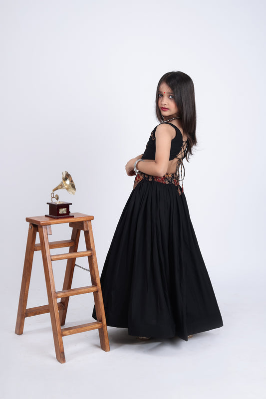 Stylish Black Multicolor Rayon Ajrakh Printed Designer Lehenga Choli for Girls
