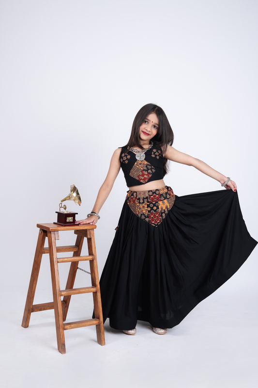 Stylish Black Multicolor Rayon Ajrakh Printed Designer Lehenga Choli for Girls