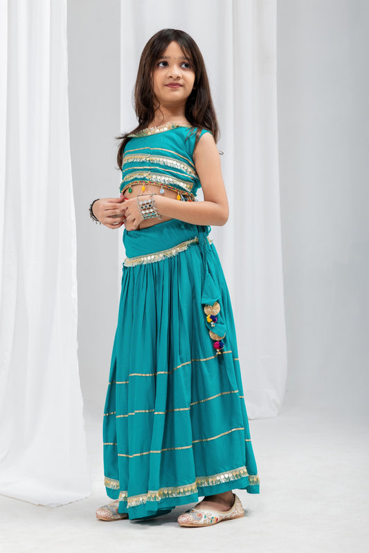 Trendy Teal Green Rayon Designer Lehenga Choli with Lace Work for Girls