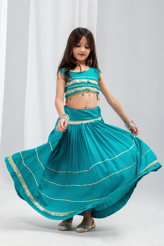 Trendy Teal Green Rayon Designer Lehenga Choli with Lace Work for Girls