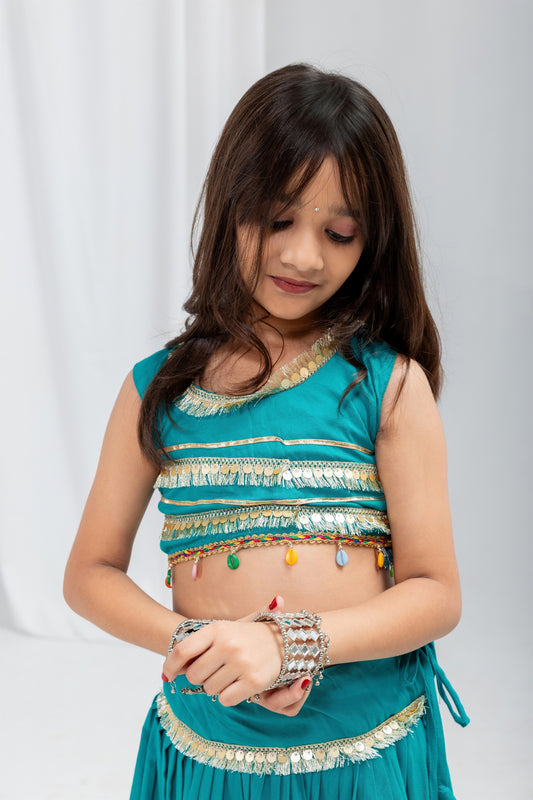 Trendy Teal Green Rayon Designer Lehenga Choli with Lace Work for Girls