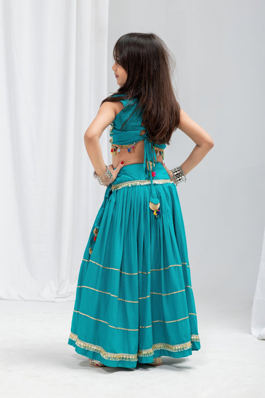 Trendy Teal Green Rayon Designer Lehenga Choli with Lace Work for Girls