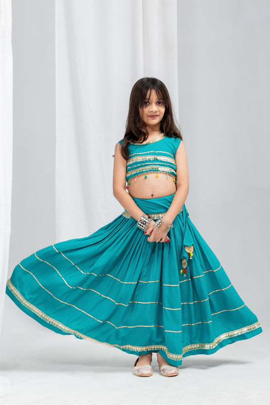 Trendy Teal Green Rayon Designer Lehenga Choli with Lace Work for Girls